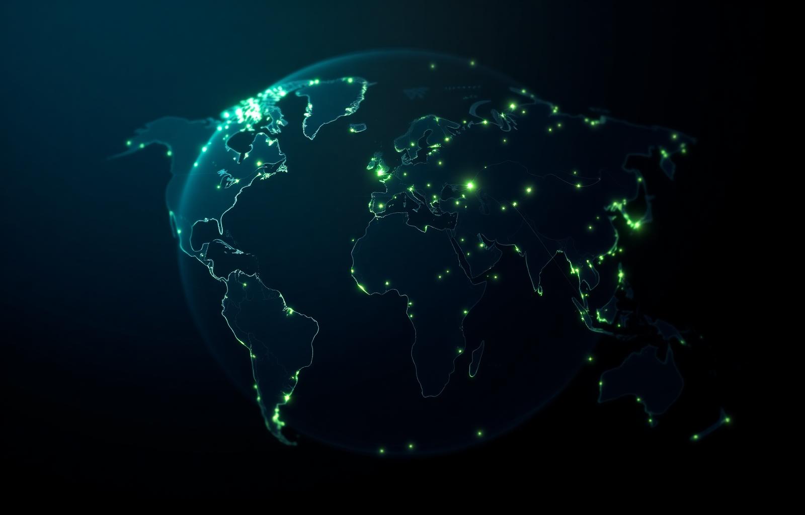 Wireframe globe with glowing nodes across continents representing international Shopify Plus expansion